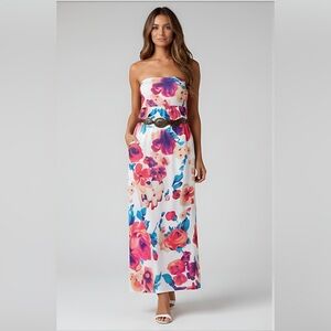 Floral Print Strapless Loose Dress With Pockets